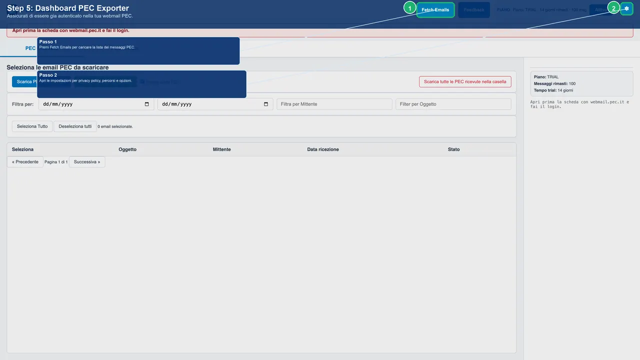 Dashboard iniziale di PEC Exporter pronta all'uso