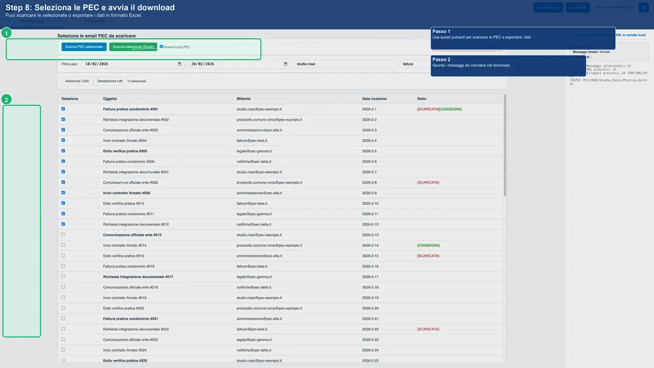 Selezione messaggi e avvio download in blocco