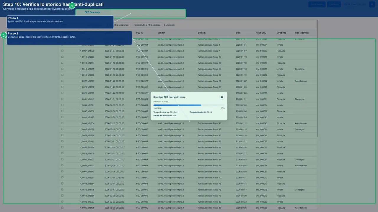 Storico hash anti-duplicati di PEC Exporter